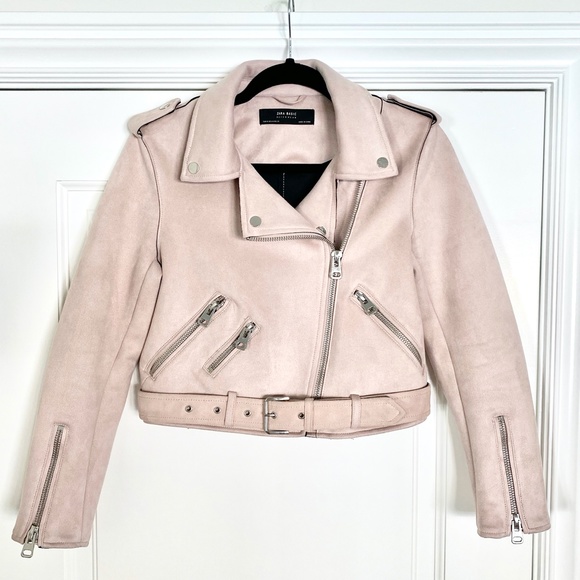Zara Faux Suede Blush Pink Moto Jacket - Size M - Picture 6 of 9